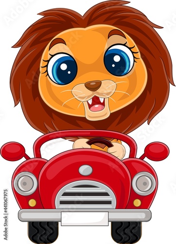 Cartoon baby lion driving red car