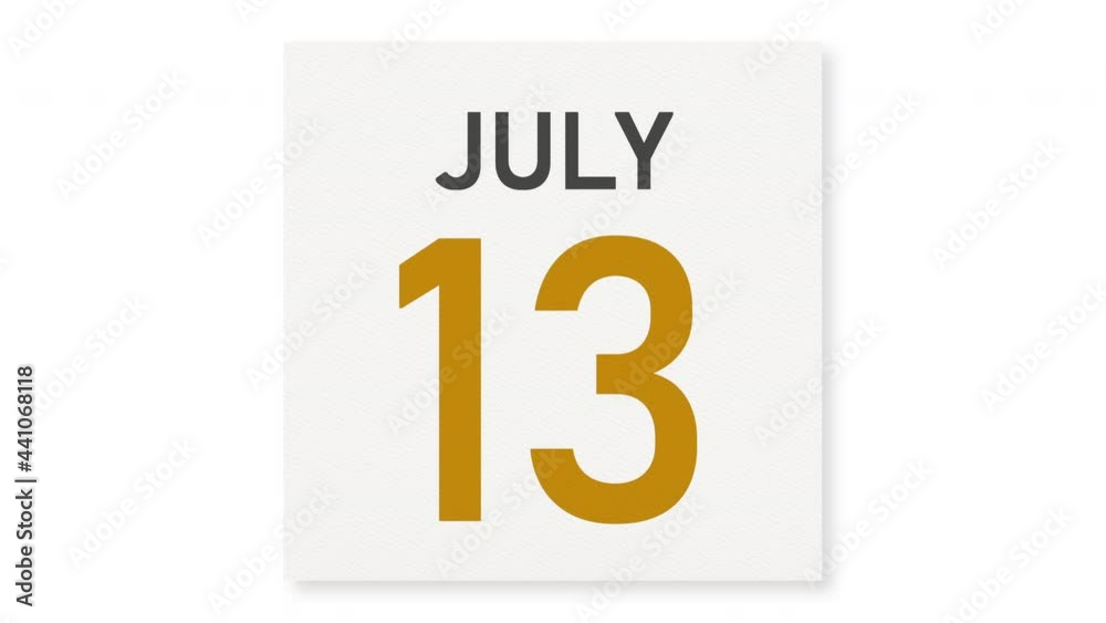 July 13 date behind crumpled paper page of a calendar, 3d animation July 13 date behind crumpled paper page of a calendar, 3d animation