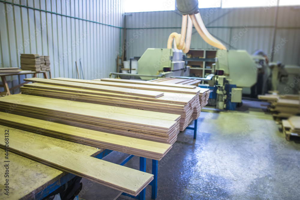 wood flooring planks in wood processing factory