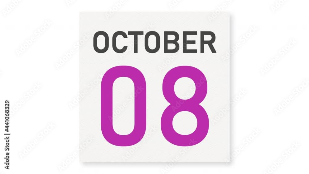 October 8 date behind crumpled paper page of a calendar, 3d animation