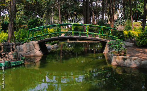 Japanese-themed bridge with a beautiful reflection