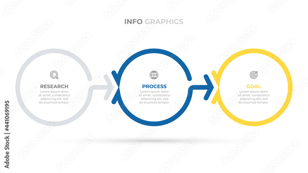 Business infographics template. Creative design elements with circle and arrow. Vector illustration with 3 steps or options.