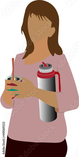 Señora con el mate y el termo en la mano. Costumbres argentinas. Mate listo. fondo transparente