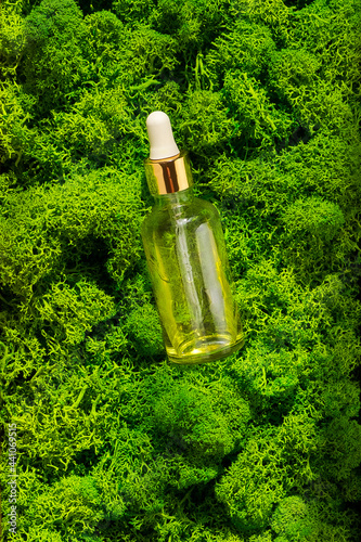 Dropper glass Bottle Mock-Up on green moss background. Body treatment and spa. Natural beauty products. Eco cream, serum, skin care blank bottle. Anti-cellulite massage oil. Oily cosmetic pipette