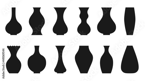 Vases black silhouette symmetrical vector flat set isolated on white background. Icons for mobile app and websites. For posters, banners, advertisements, logos. Design element, decor object. Stickers