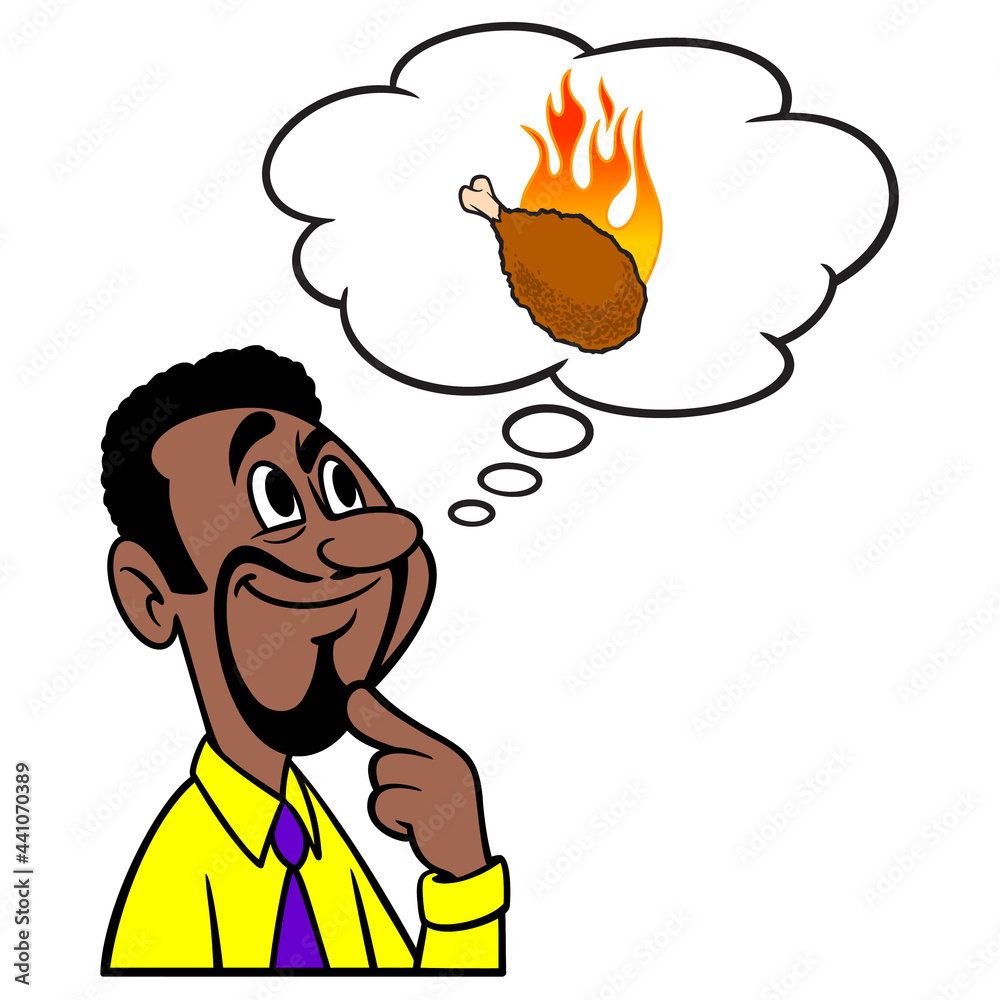 Man thinking about a flaming Hot Wing- A cartoon illustration of a man thinking about a flaming Hot Wing. Man thinking about a flaming Hot Wing- A cartoon illustration of a man thinking about a flaming Hot Wing.