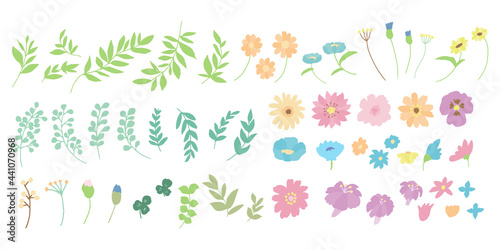 手描きの花と草木北欧風カラー　バラバラパーツのセット　Set of floral elements for graphic and web design. Vector illustrations for beauty,   hand drawn elements.