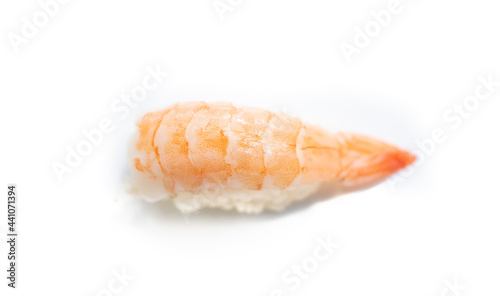 Ebi Nigiri.Ebi sushi, Japanese shrimp on Japanese rice.Japanese tradition food cuisine style with white isolated background.nigiri ebi sushi. photo