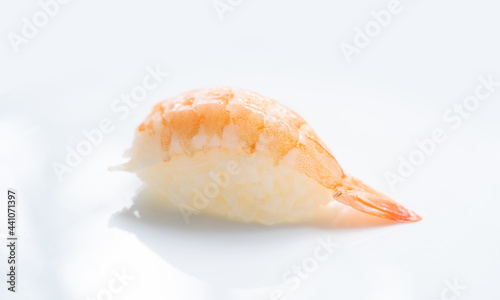 Ebi Nigiri.Ebi sushi, Japanese shrimp on Japanese rice.Japanese tradition food cuisine style with white isolated background.nigiri ebi sushi.