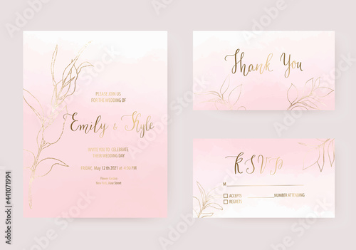 Wedding pink watercolor invitation design, thank you and rsvp cards with gold leaves.