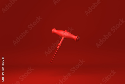 Red Wine corkscrew with wooden handle floating in Red background. minimal concept idea creative. monochrome. 3D render.