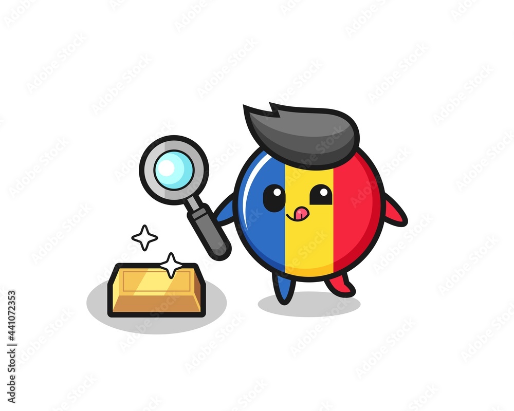 romania flag badge character is checking the authenticity of the gold bullion