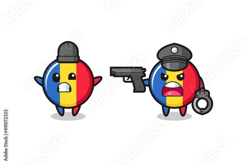 illustration of romania flag badge robber with hands up pose caught by police
