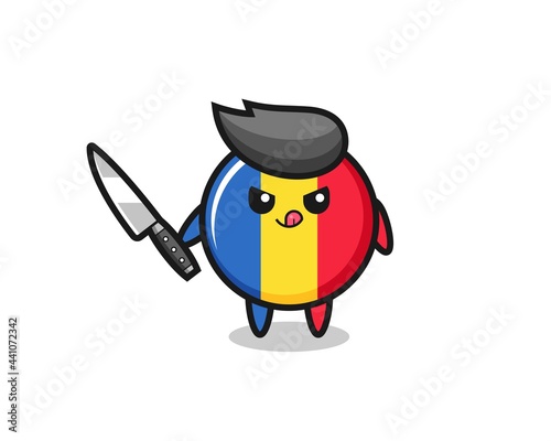 cute romania flag badge mascot as a psychopath holding a knife