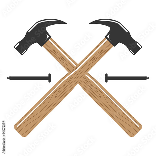 Hammer handle wood and nails isolated silhouette in white background