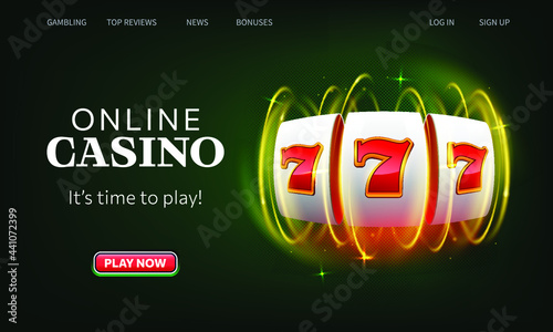 Winning slot machine vector illustration. Casino online landing page. Website homepage interface UI template. Landing web page, concept hero header.