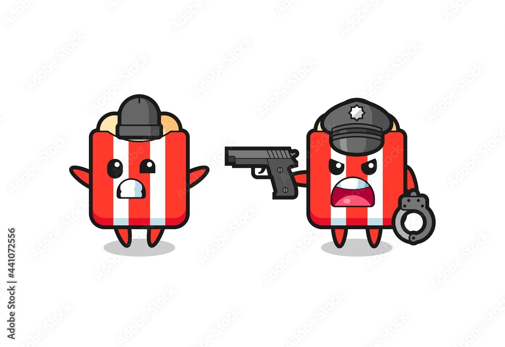 illustration of popcorn robber with hands up pose caught by police illustration of popcorn robber with hands up pose caught by police