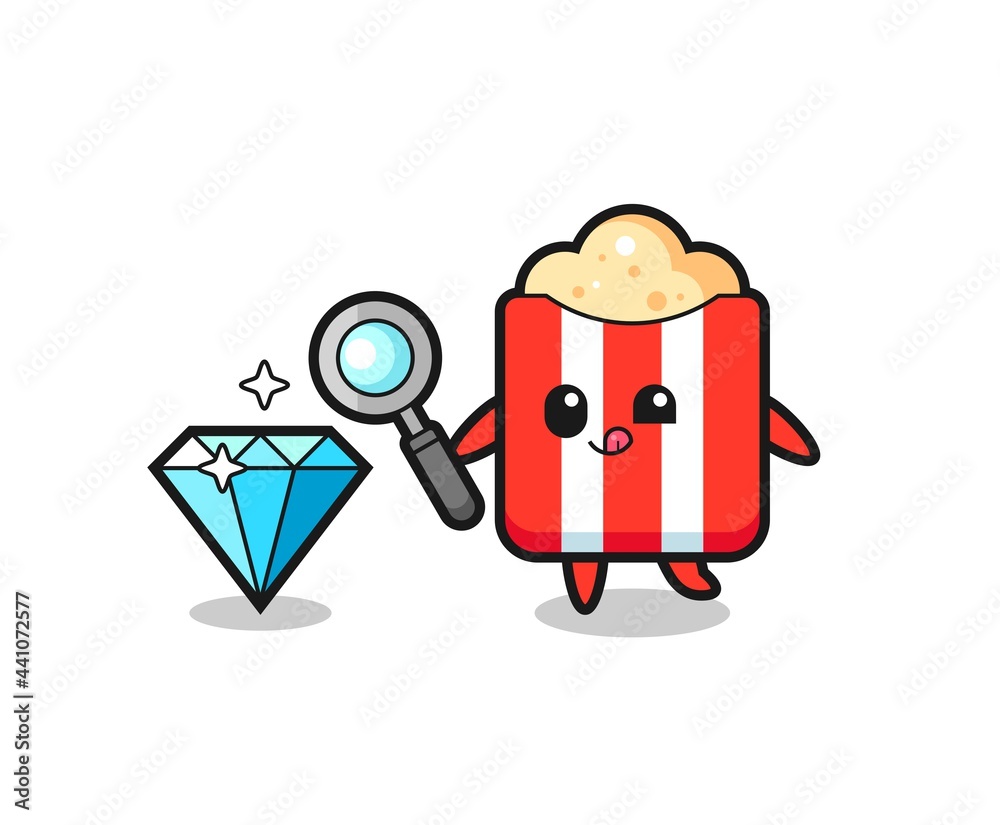 popcorn mascot is checking the authenticity of a diamond popcorn mascot is checking the authenticity of a diamond