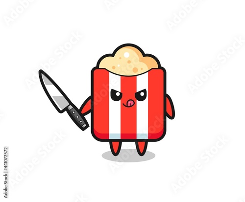 cute popcorn mascot as a psychopath holding a knife
