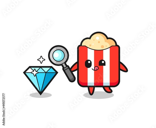popcorn mascot is checking the authenticity of a diamond