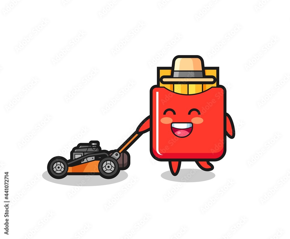 illustration of the french fries character using lawn mower illustration of the french fries character using lawn mower