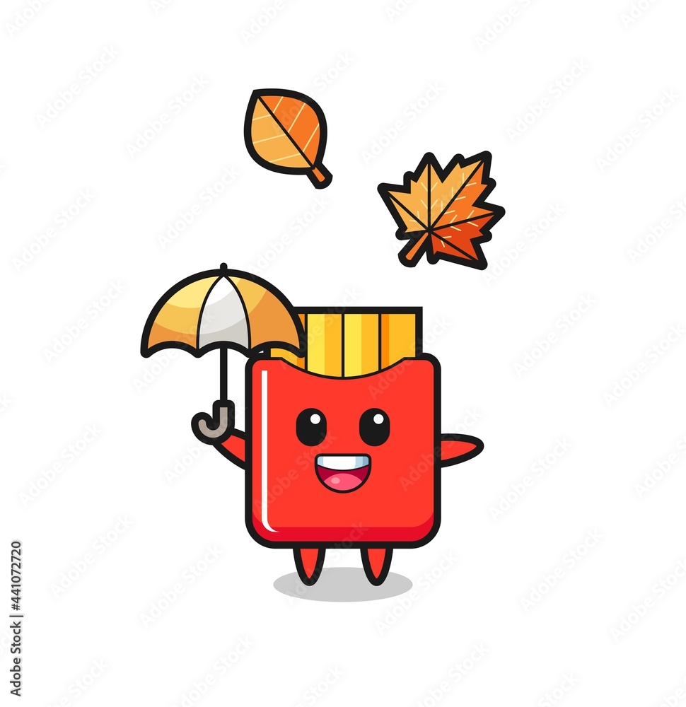 Fototapeta premium cartoon of the cute french fries holding an umbrella in autumn