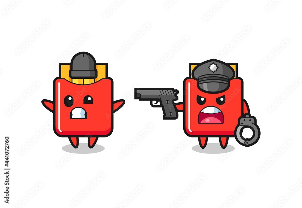 illustration of french fries robber with hands up pose caught by police illustration of french fries robber with hands up pose caught by police