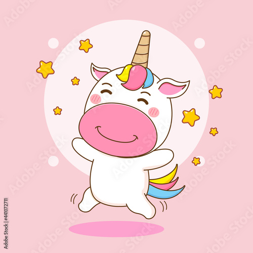 Cute unicorn character with stars around. Cartoon design illustration