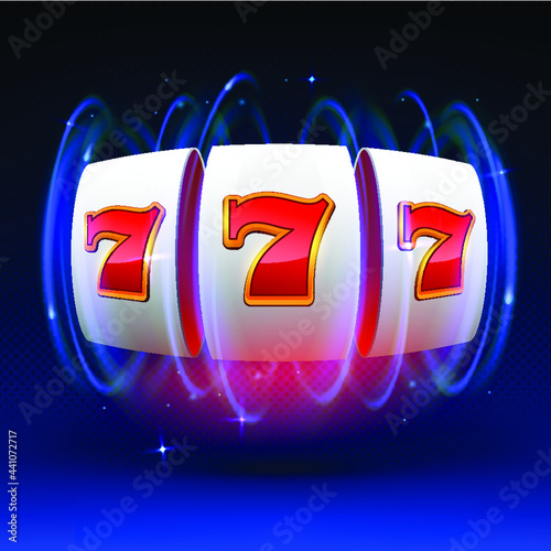 Slot machine wins the jackpot. 777 Big win casino concept. Slot machine on a blue background with an explosion of spinning light. Vector illustration