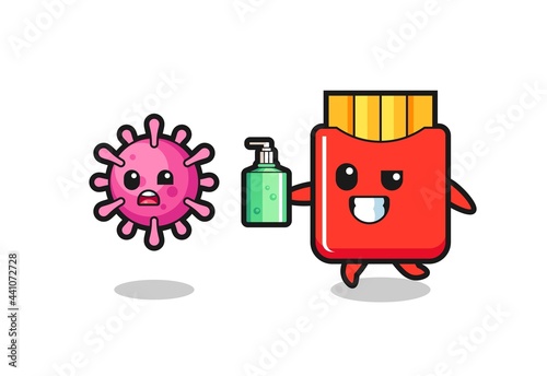 illustration of french fries character chasing evil virus with hand sanitizer