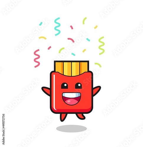 happy french fries mascot jumping for congratulation with colour confetti