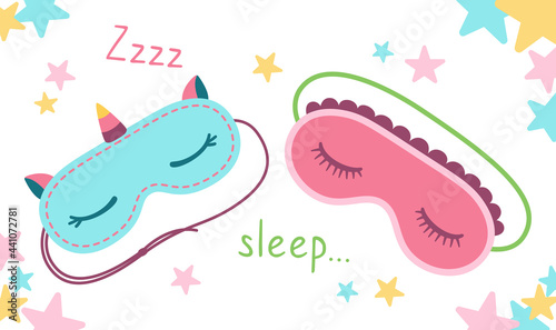 Sleeping mask flat cartoon card. Sleep beauty masks, eye protection accessory. Comfort relaxation blindfolds travel, recreation. Funny relax clothes sleepover night rest. Isolated vector illustration