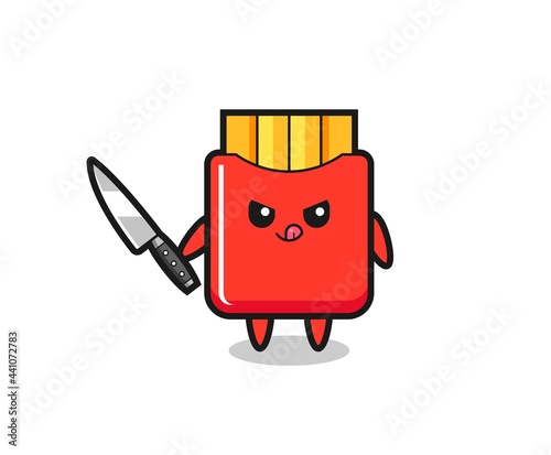 cute french fries mascot as a psychopath holding a knife