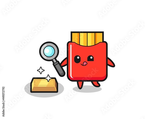 french fries character is checking the authenticity of the gold bullion
