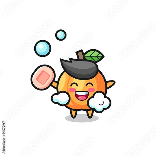 apricot character is bathing while holding soap