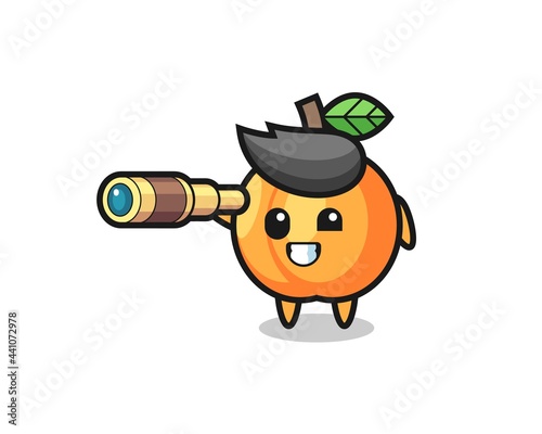 cute apricot character is holding an old telescope