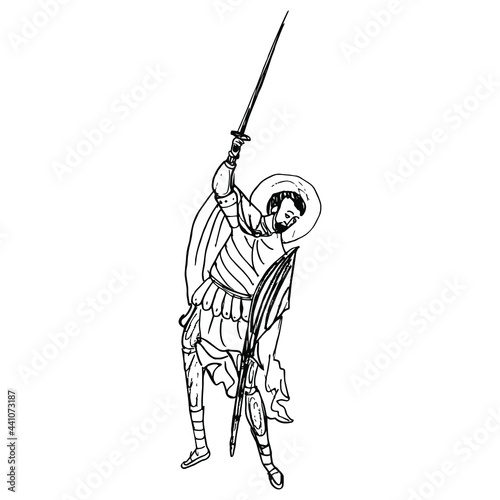 Medieval saint warrior man holding sword. Orthodox Christian male character. Hand drawn linear doodle rough sketch. Black silhouette on white background.