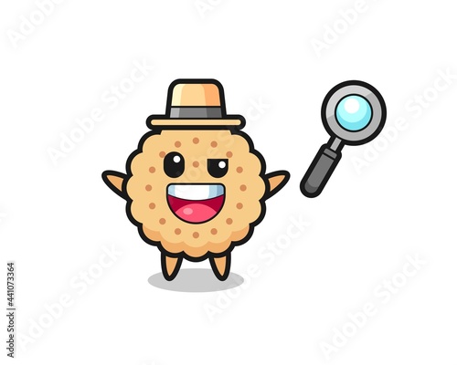 illustration of the round biscuits mascot as a detective who manages to solve a case
