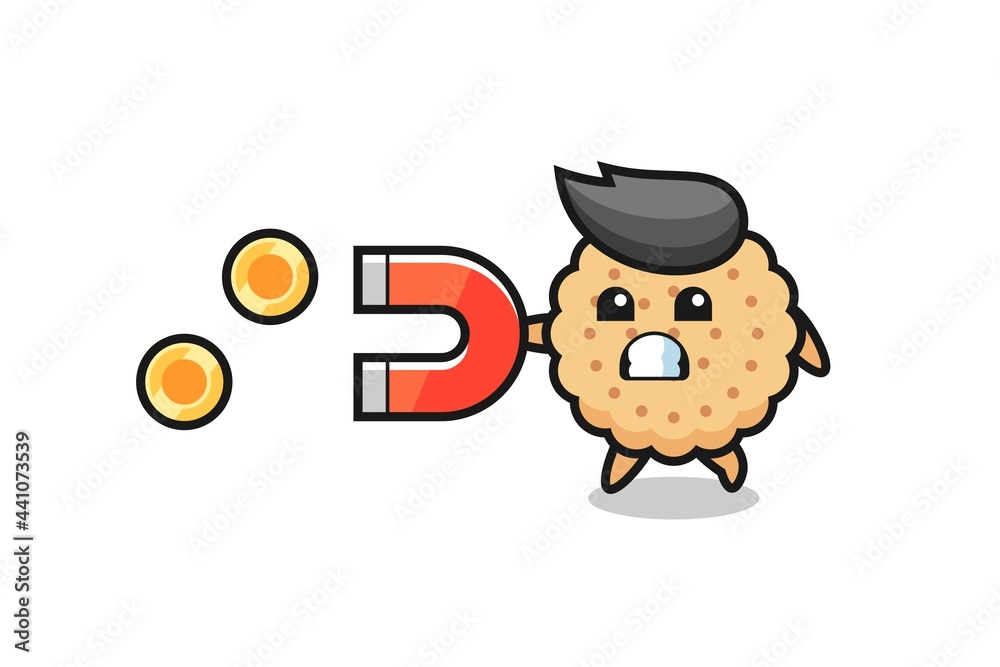 the character of round biscuits hold a magnet to catch the gold coins the character of round biscuits hold a magnet to catch the gold coins