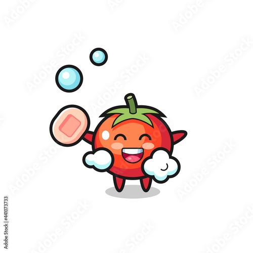 tomatoes character is bathing while holding soap