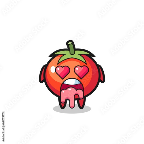 the falling in love expression of a cute tomatoes with heart shaped eyes