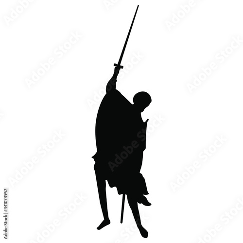 Medieval warrior man holding sword in raised arm. Orthodox Christian male character. Black silhouette on white background.