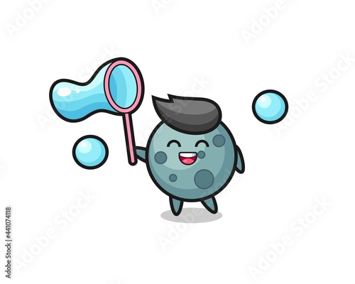 happy asteroid cartoon playing soap bubble