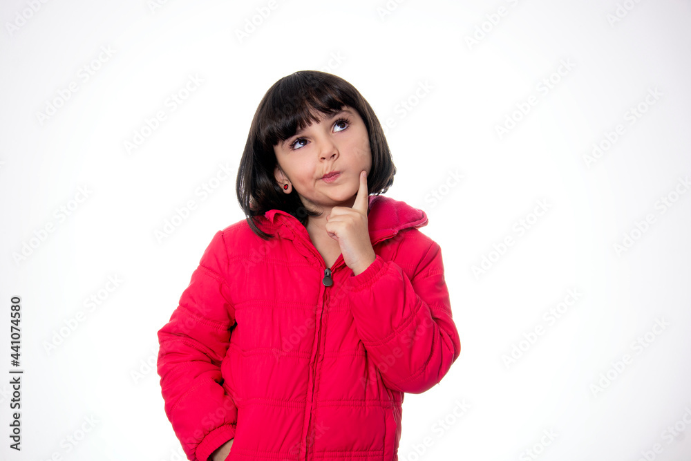 girl wearing red thinking on white background girl wearing red thinking on white background
