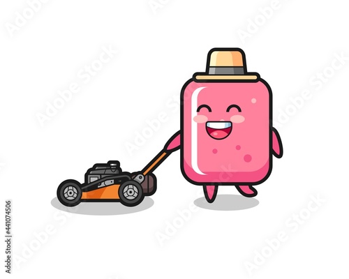 illustration of the bubble gum character using lawn mower