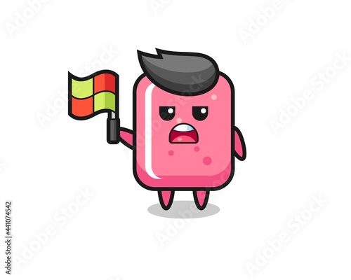 bubble gum character as line judge putting the flag up