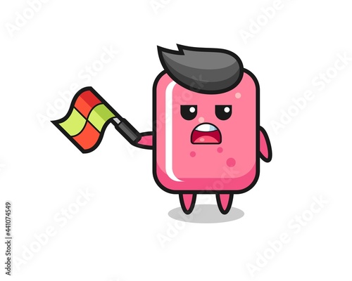 bubble gum cartoon as the line judge hold the flag up at a 45 degree angle
