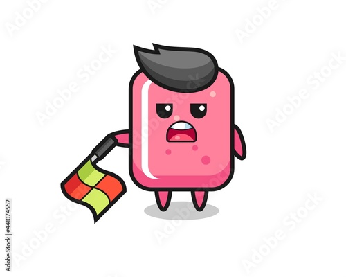 bubble gum character as line judge hold the flag down at a 45 degree angle