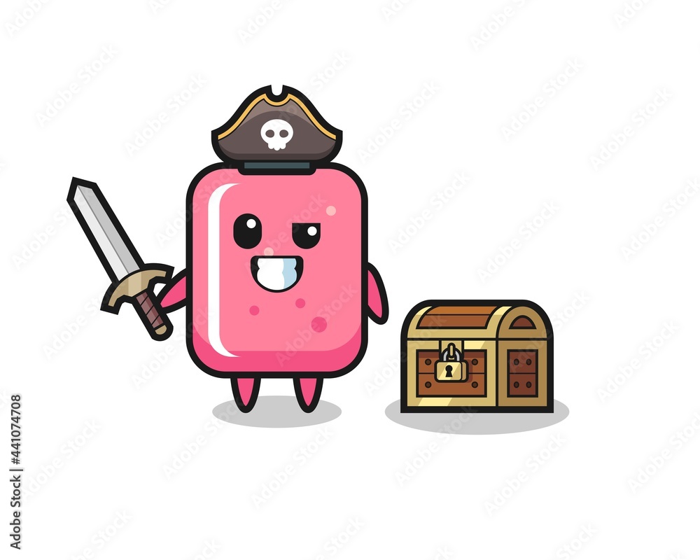 the bubble gum pirate character holding sword beside a treasure box