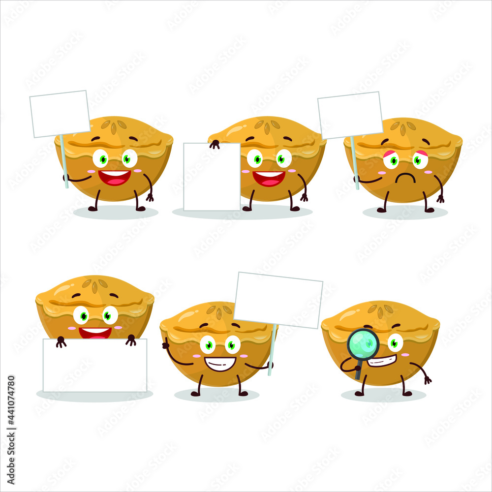 Pie cake cartoon character bring information board. Vector illustration Pie cake cartoon character bring information board. Vector illustration